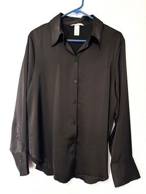 H&M Heavy Satin Black Pajama Inspired Button Down L